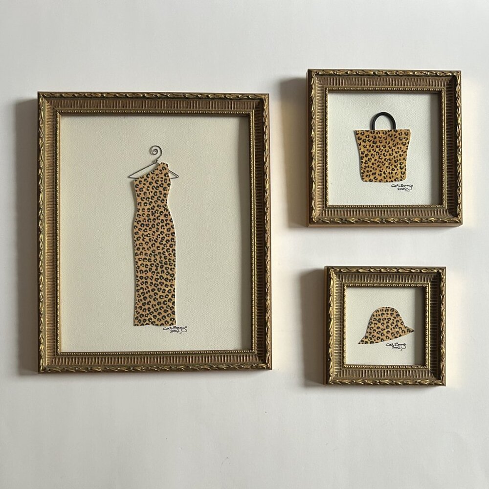 3 Vintage Framed Triptych Wall Art Fashion Textile Original Mixed media Collage